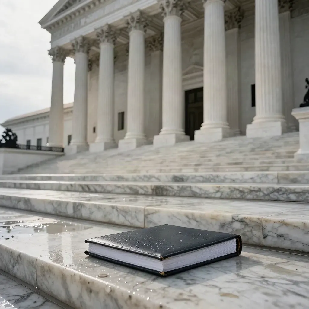 Wet Supreme Court steps and columns with a dark legal folder after rain