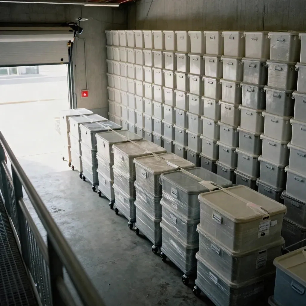 Top-down view of sealed ballot carts and state-shaped storage bins in a county election warehouse.