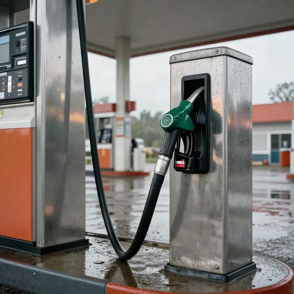 Fuel nozzle by a rain-slick gas pump as first drops sharpen the reflections.