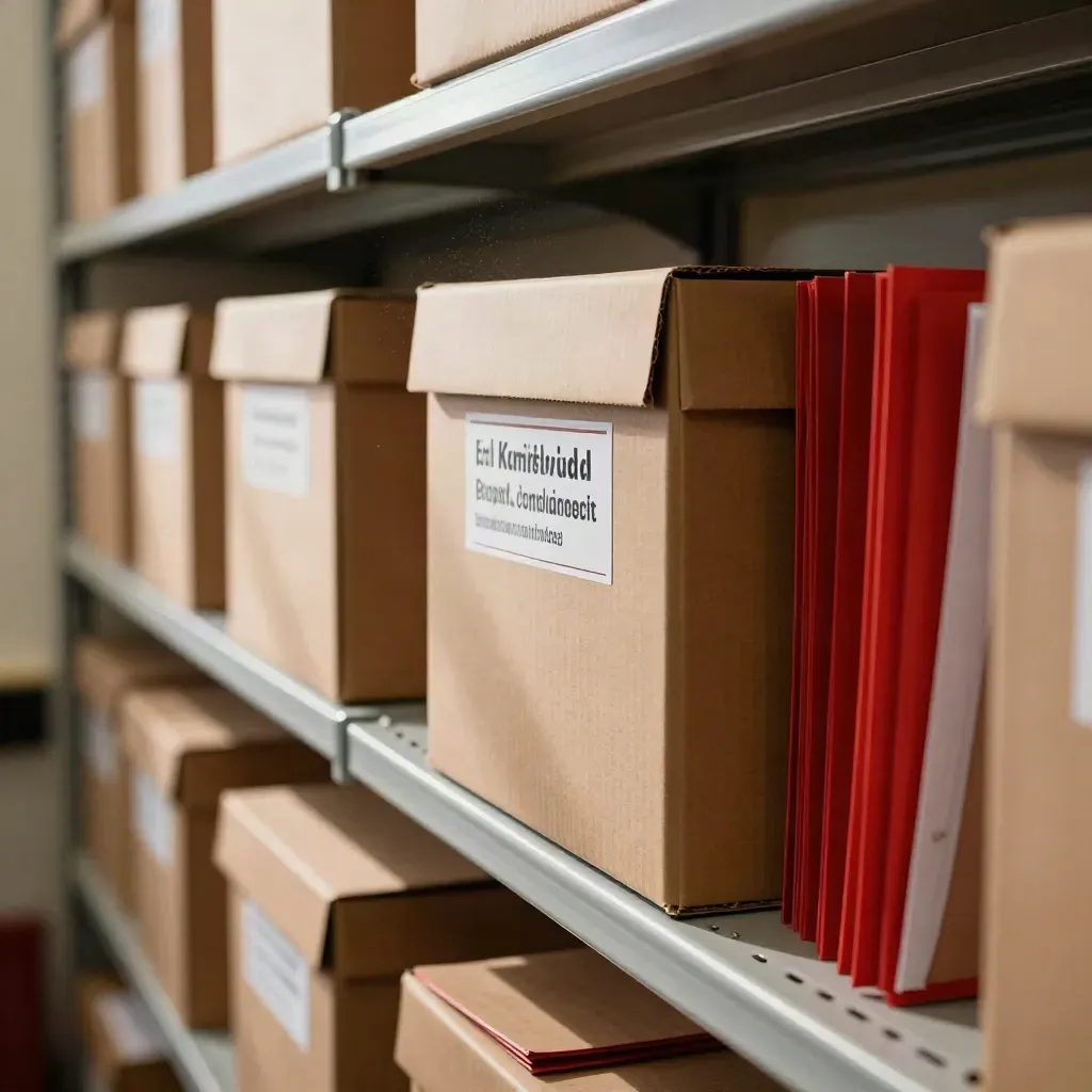 Sliding archive box among red-tied campaign folders on a finance shelf