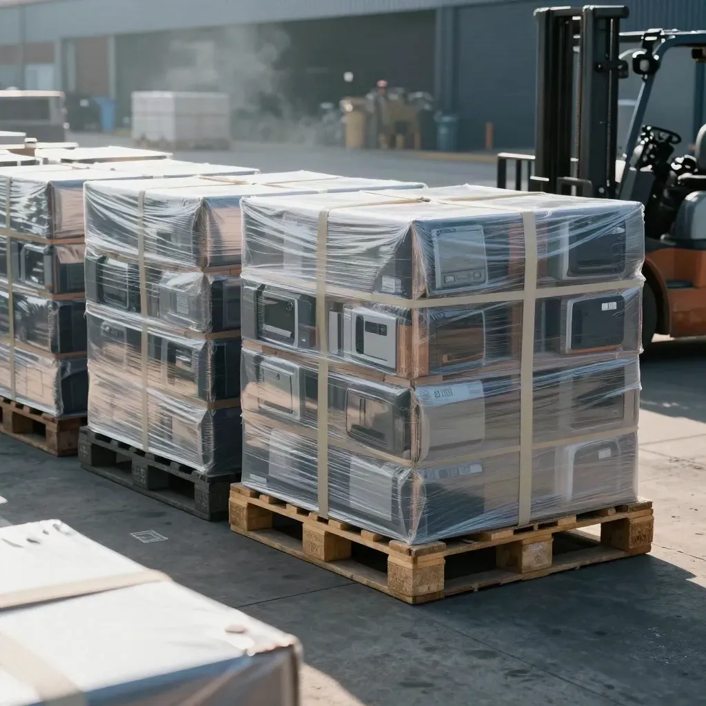 Wrapped appliance pallets glow under forklift lane lights in a hazy port warehouse.