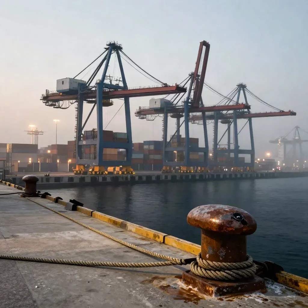 Low dusk view of port cranes, containers, ropes, and mist by the quay
