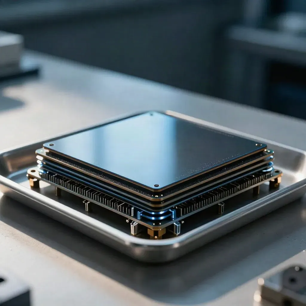 Silicon wafers in a cleanroom tray beside cooling manifolds, shot in close macro.