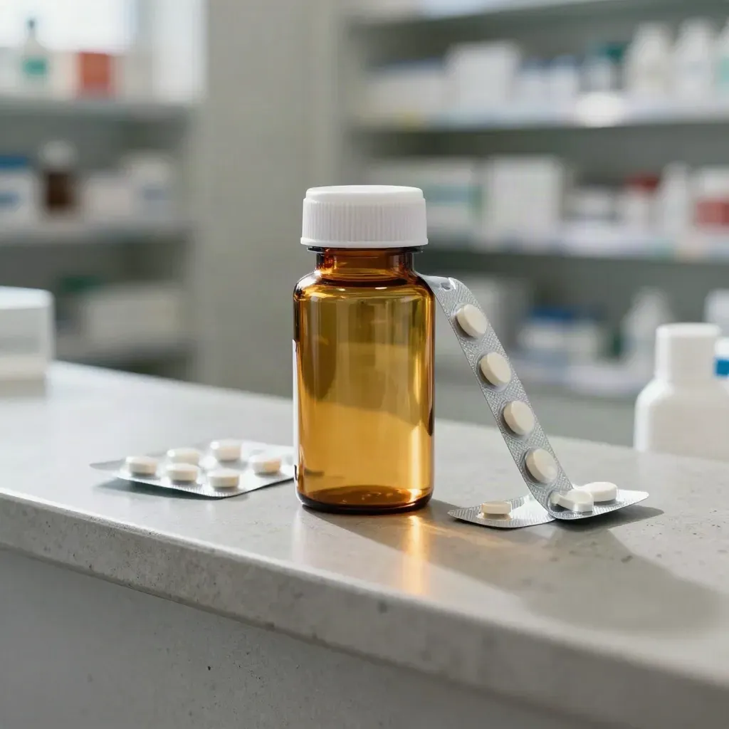 Amber medicine bottle, lifted blister strip, and white tray on a pharmacy counter