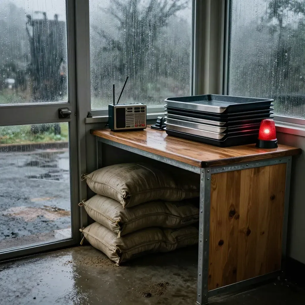 Storm watch desk with sandbags, radio, rain-beaded glass, and dispatch trays in a dark control room