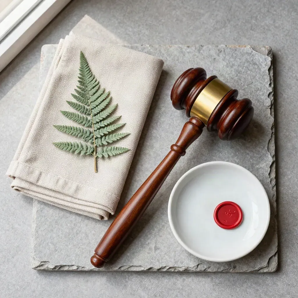 Overhead gavel, linen, fern and ceramic dish on stone with soft daylight.
