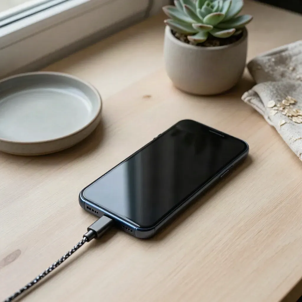 Smartphone, cable, dish and succulent on pale wood, shot diagonally with soft window light.